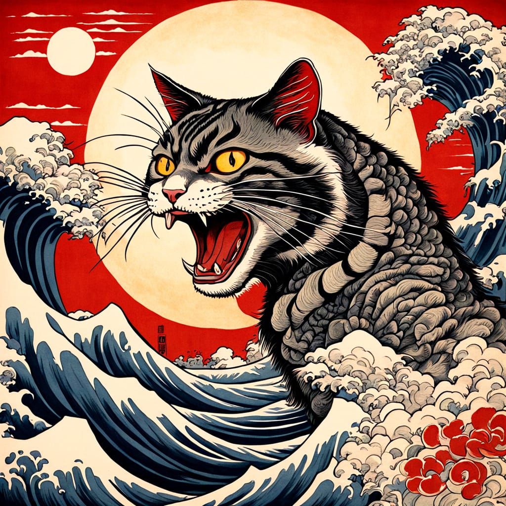 Cat Selfie with Godzilla in Ukiyo-e Style