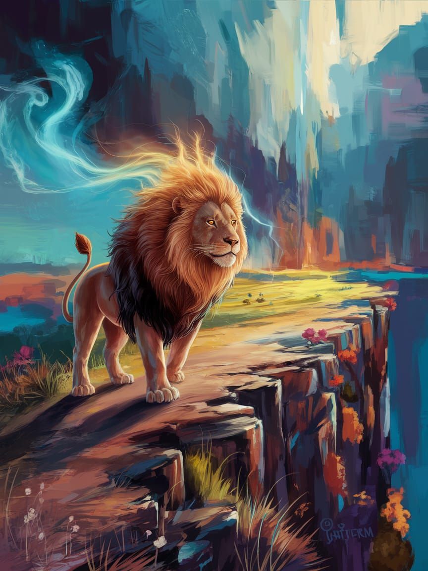 Fiery Lion Overlooking Savannah, Digital Painting