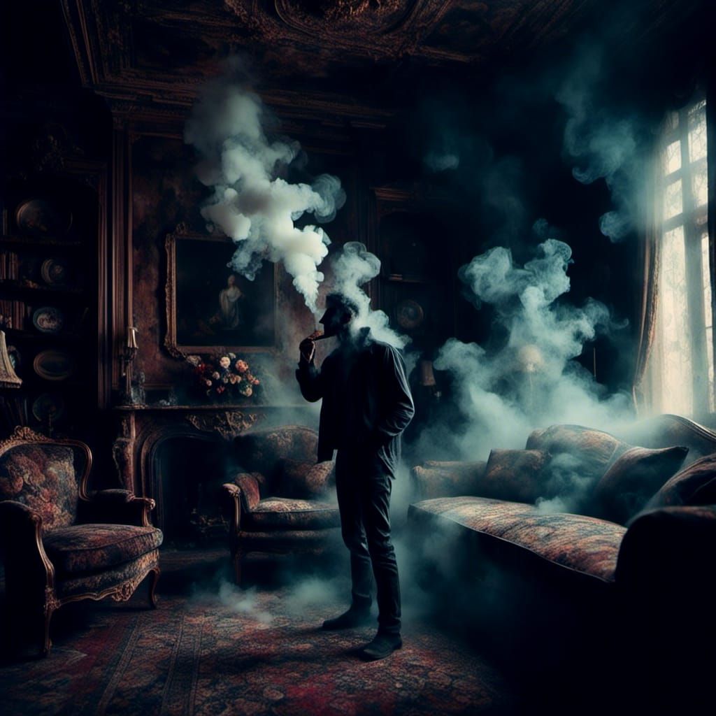 Macabre Man Smoking Cigar in Smoky Room