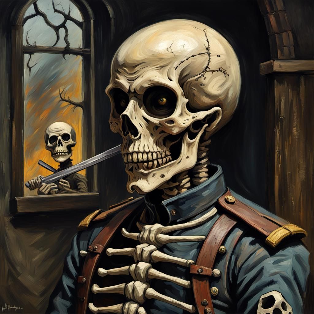Grotesque Gothic Skeleton Soldier as Impasto Painting
