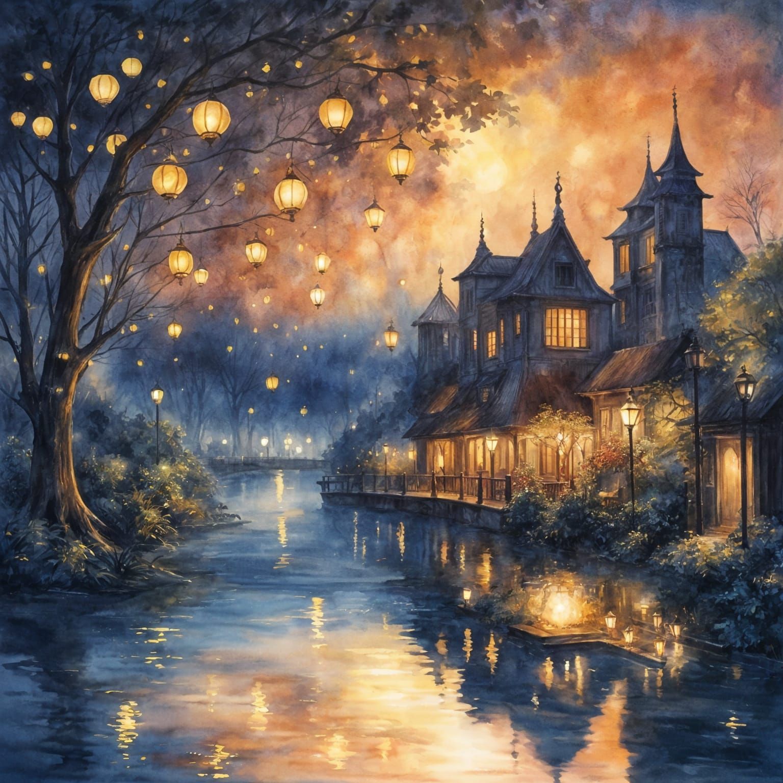 Magic Lanterns Reflect on River at Night