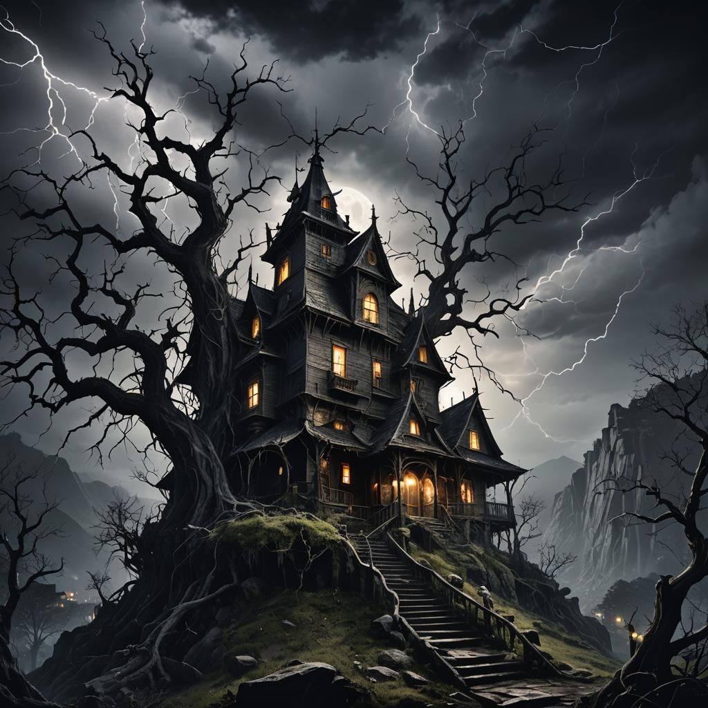 Creepy Haunted House in Dark Fantasy Horror Art