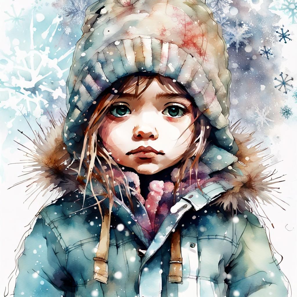 Chibi Girl in Winter Clothes: Watercolor Illustration