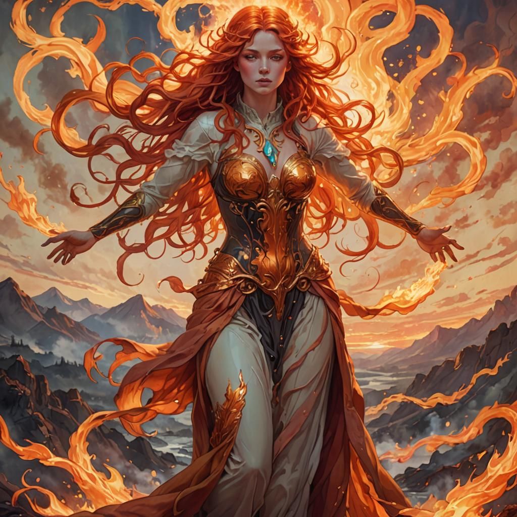 Fiery Haired Woman in Blazing Landscape