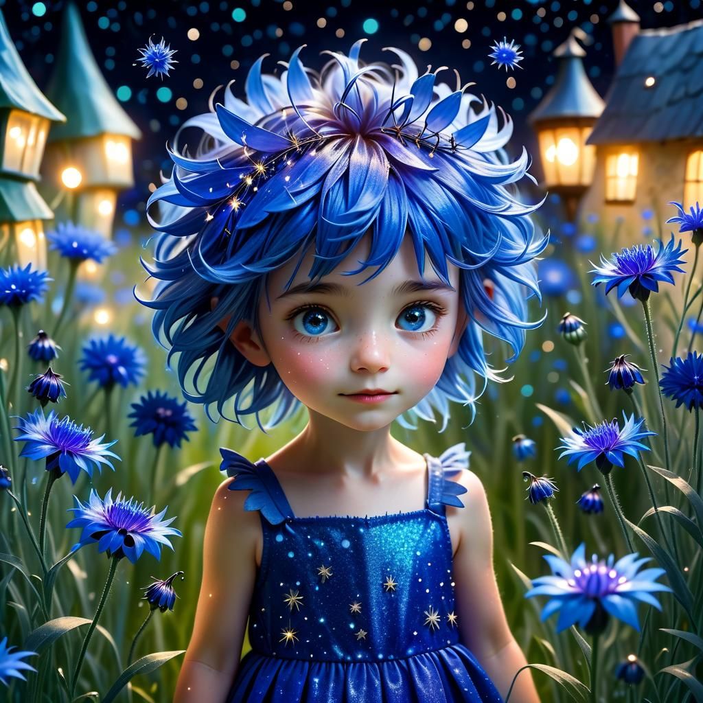 Adorable Cornflower Fairy in Magical Garden at Night