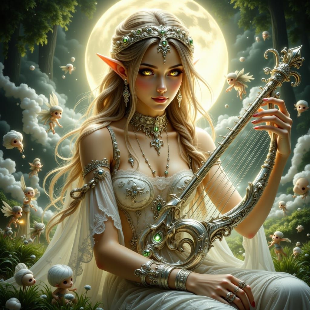 Elf Woman Plays Lyre in Enchanted Forest