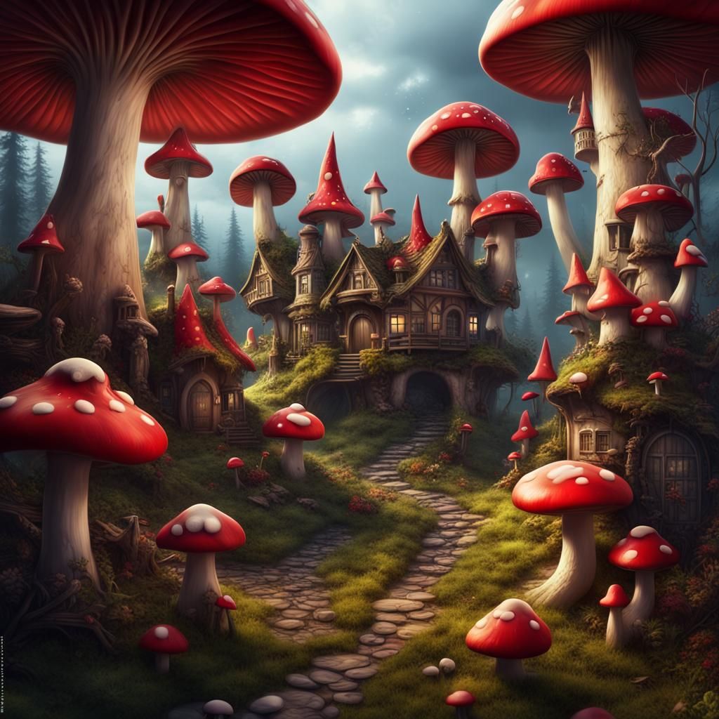Enchanted Fairy Town Under Red Mushroom Caps