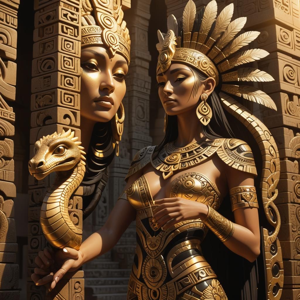 Aztec Priestess with Serpent Statuette in Fractal Art