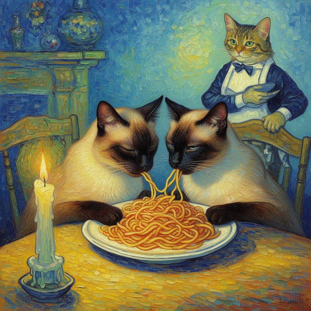 Elegant Siamese Cats Share Spaghetti, Van Gogh Style