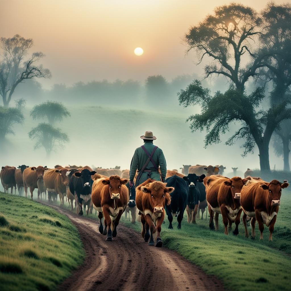 Worn Farmer Leads Cows Through Misty Dawn Landscape in Cinem...
