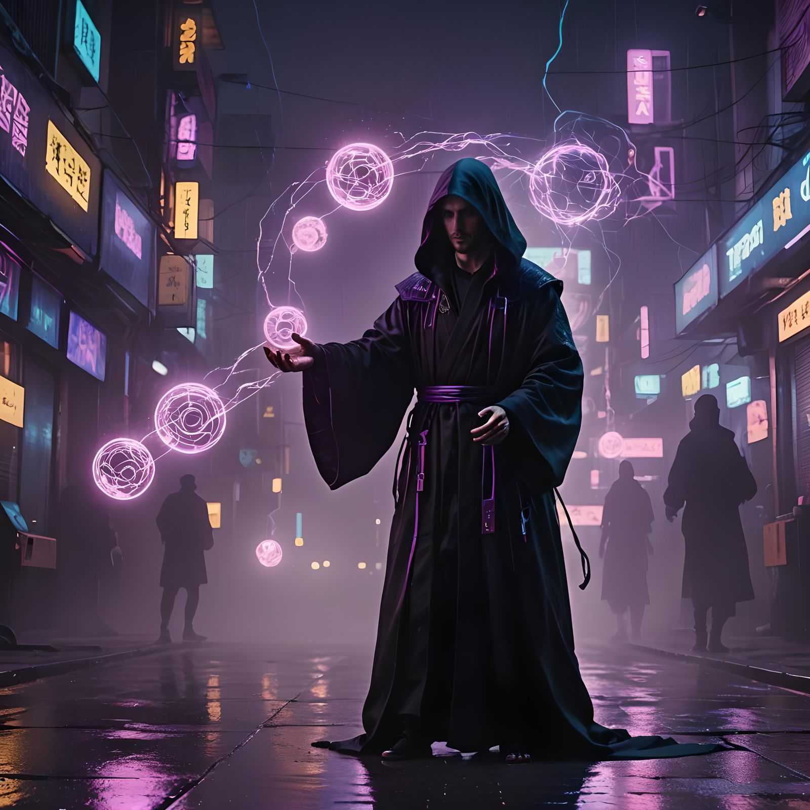 Mage Telekinesis in Cyberpunk Neon Cityscape