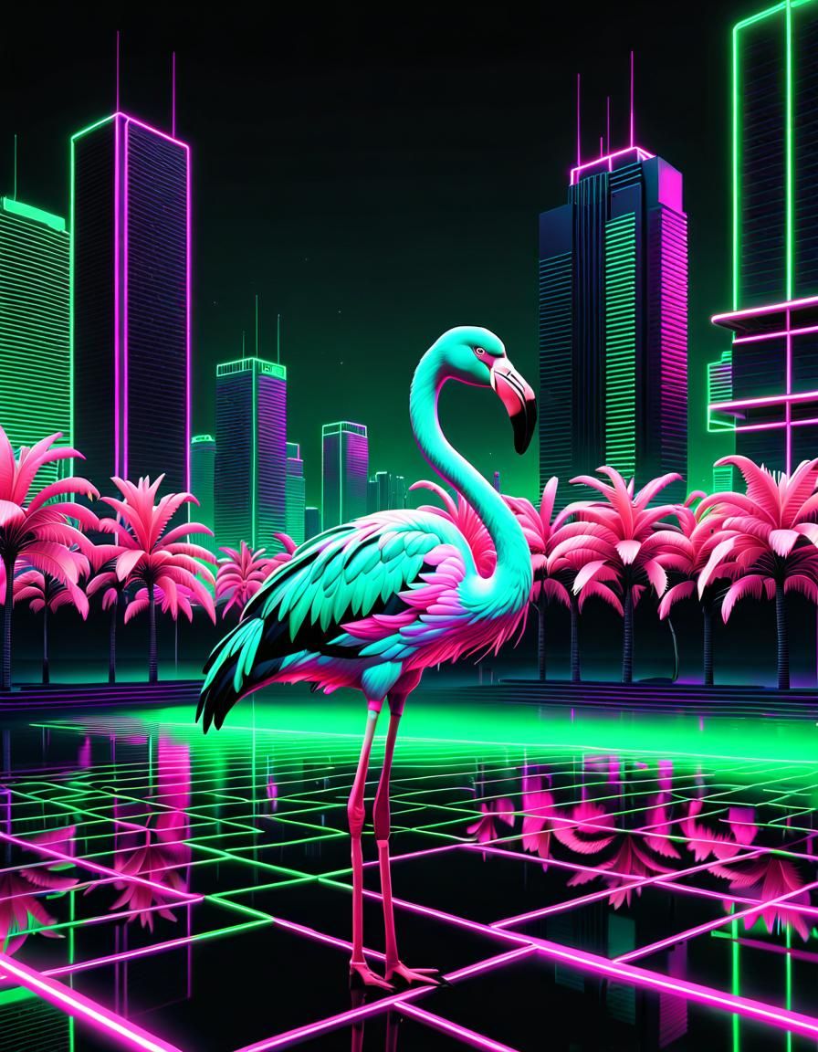 Vaporwave Flamingo in Cyberpunk Neon Cityscape