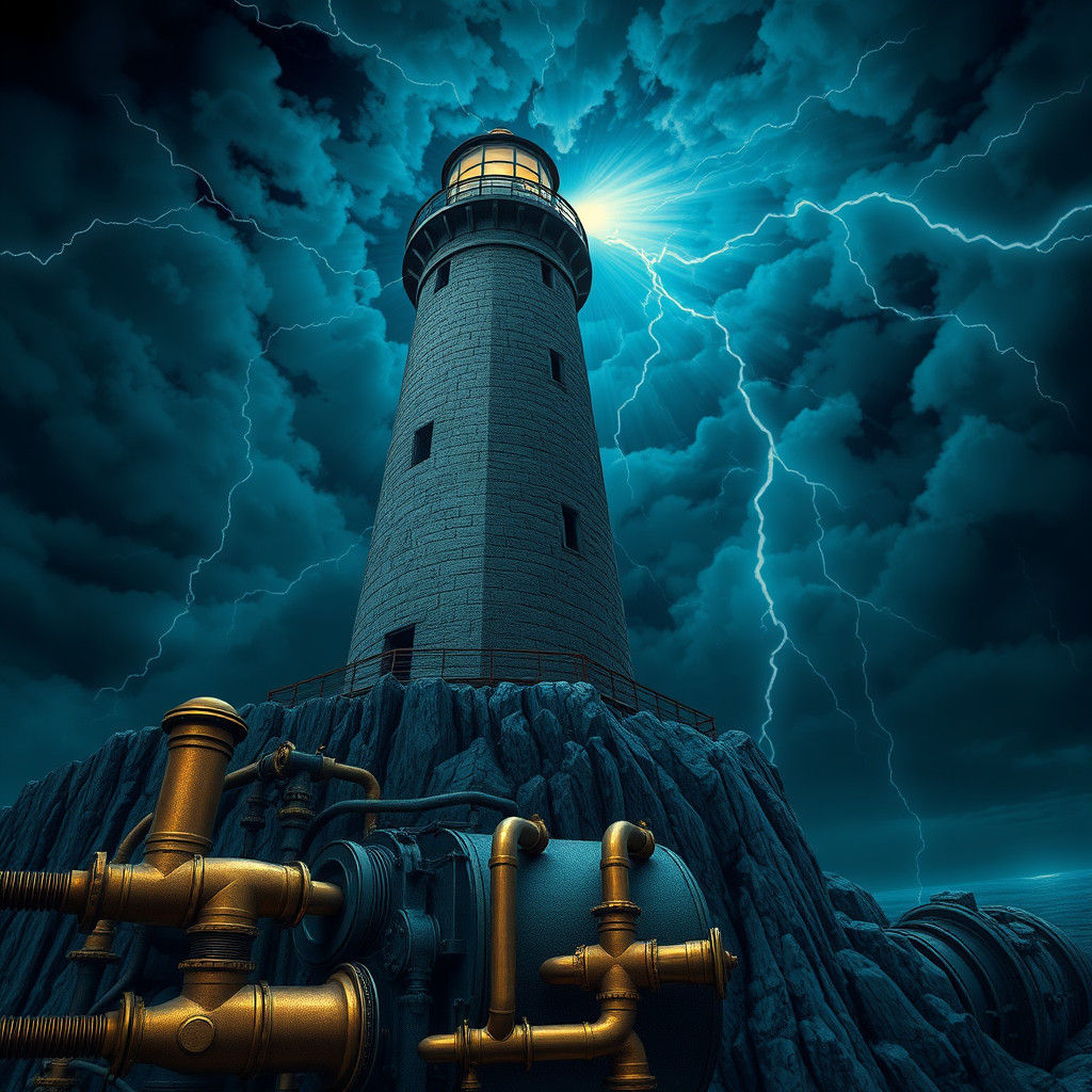 Epic Lighthouse in Storm with Steampunk Engine