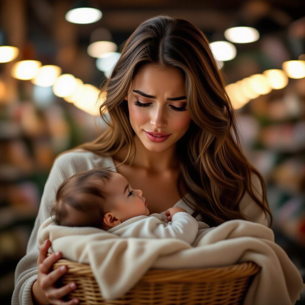 Emotional Mother Holds Baby Close, Shop Lights Glow