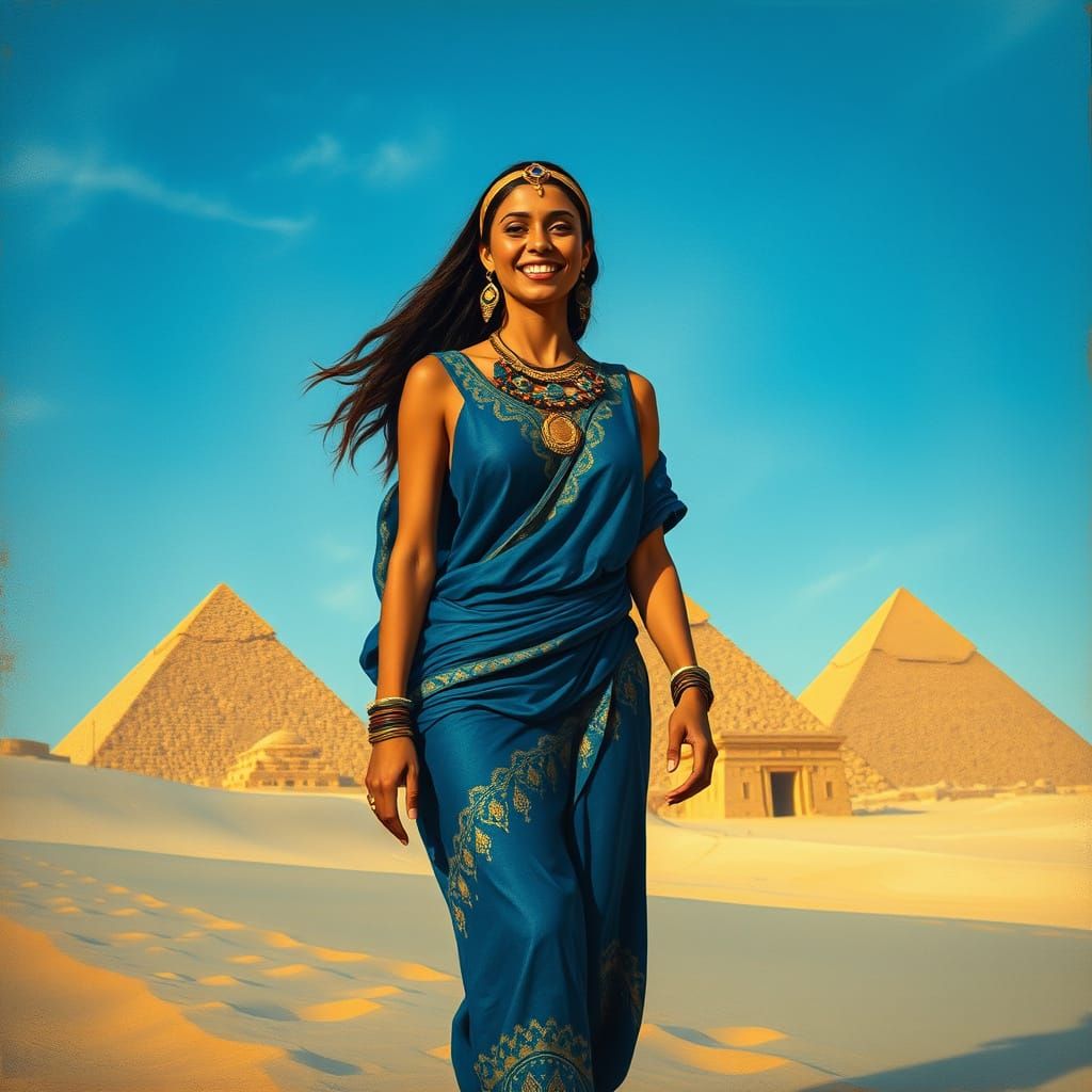 Egyptian Noblewoman Walking Beside Pyramids in Elegant Blue ...