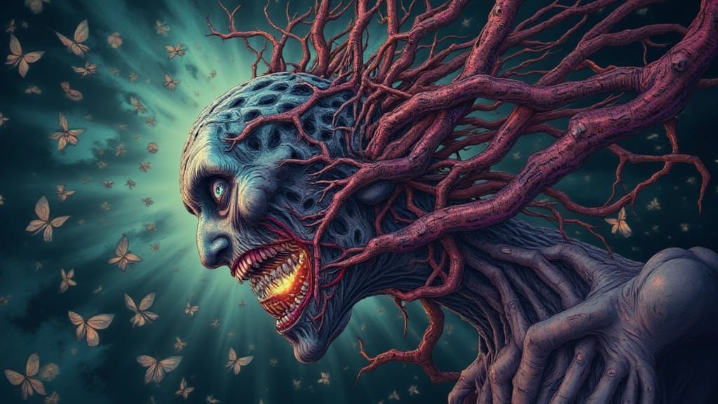 Surreal Mindscape of Mutating Faces and Butterflies