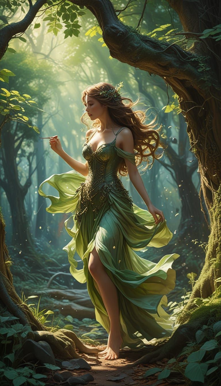 Forest Spirit Dance in Art Nouveau Style