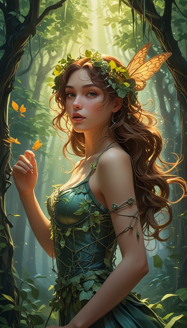 Forest Spirit Dances in Hidden Grove, Art Nouveau Style