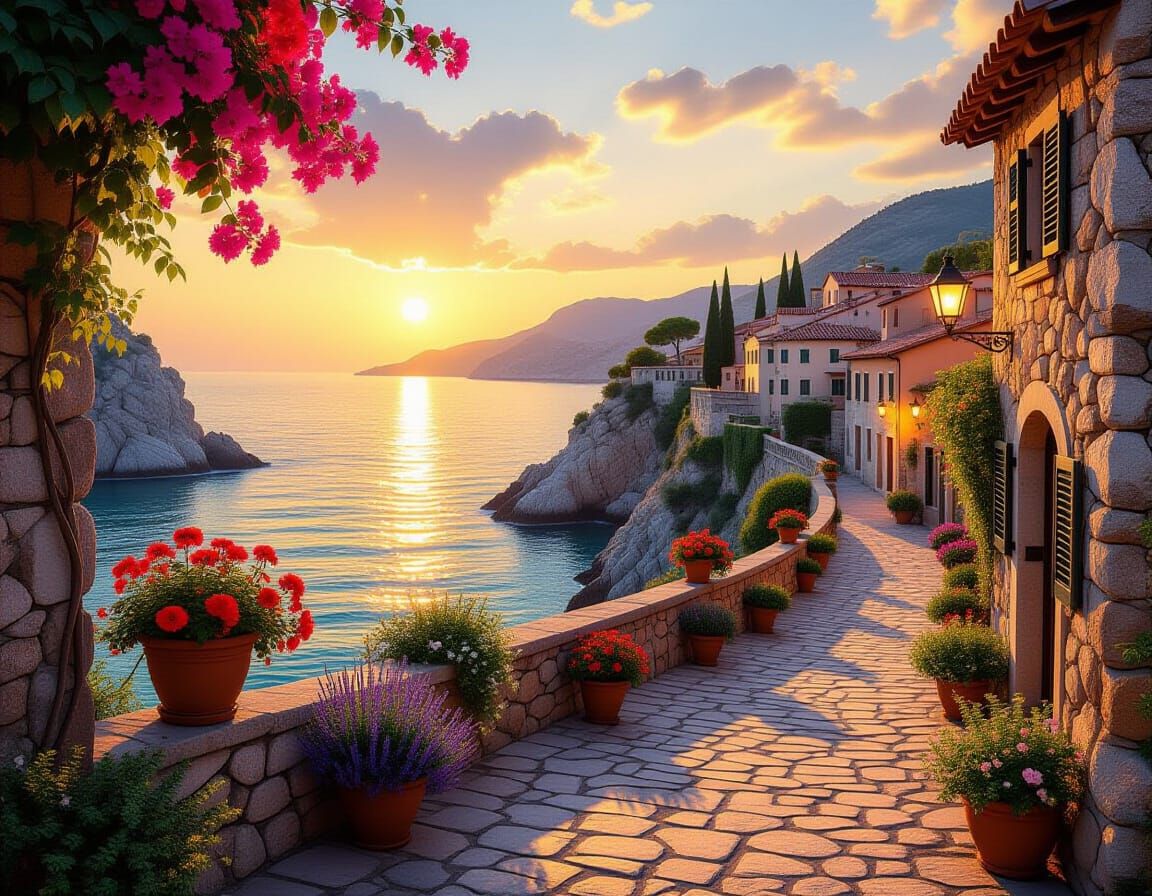 Golden Sunset Courtyard Overlooking Coastal Cliffs