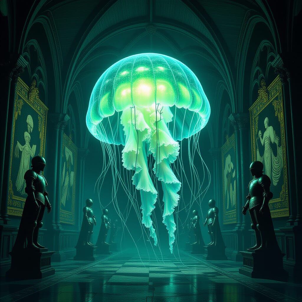 A spectral jellyfish drifts through the grand hall of a goth...
