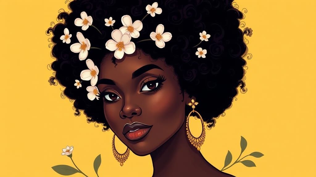 Stunning Afro Woman with Flowers in Comic Art Style