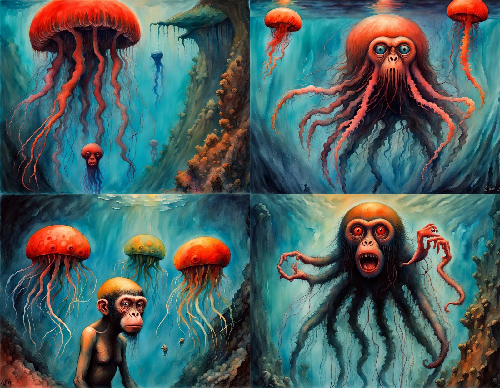 Underwater Horror Scene in Maximalist Style