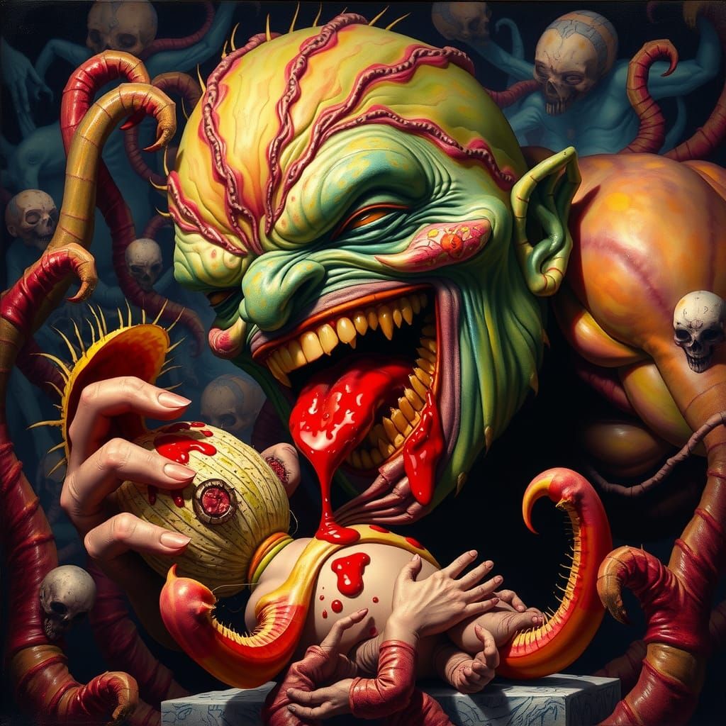 Humanoid Eats Venus Flytrap in Dark Fantasy Style