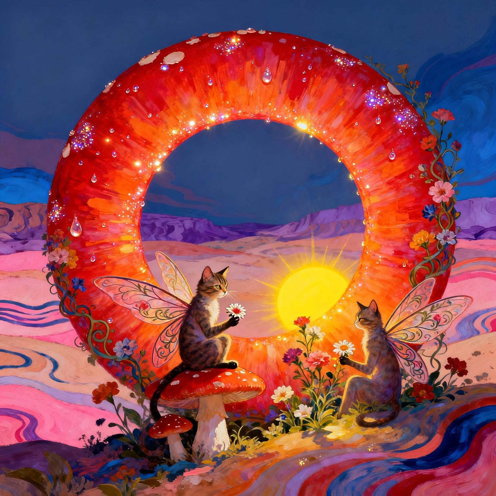 Abstract Cat Fairy Mushroom Circle in Colorful Desert