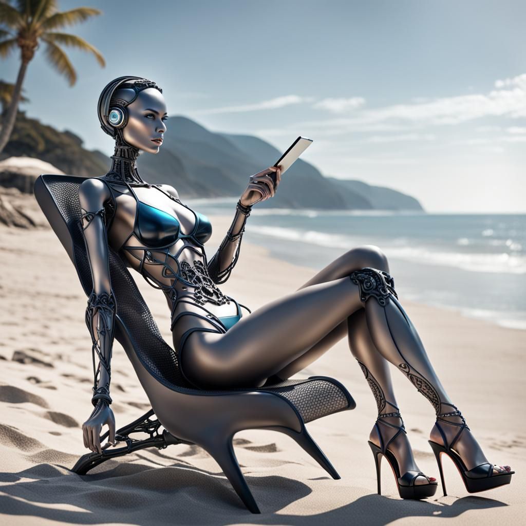 AI Woman Relaxing on Beach: Hyperrealistic 64MP