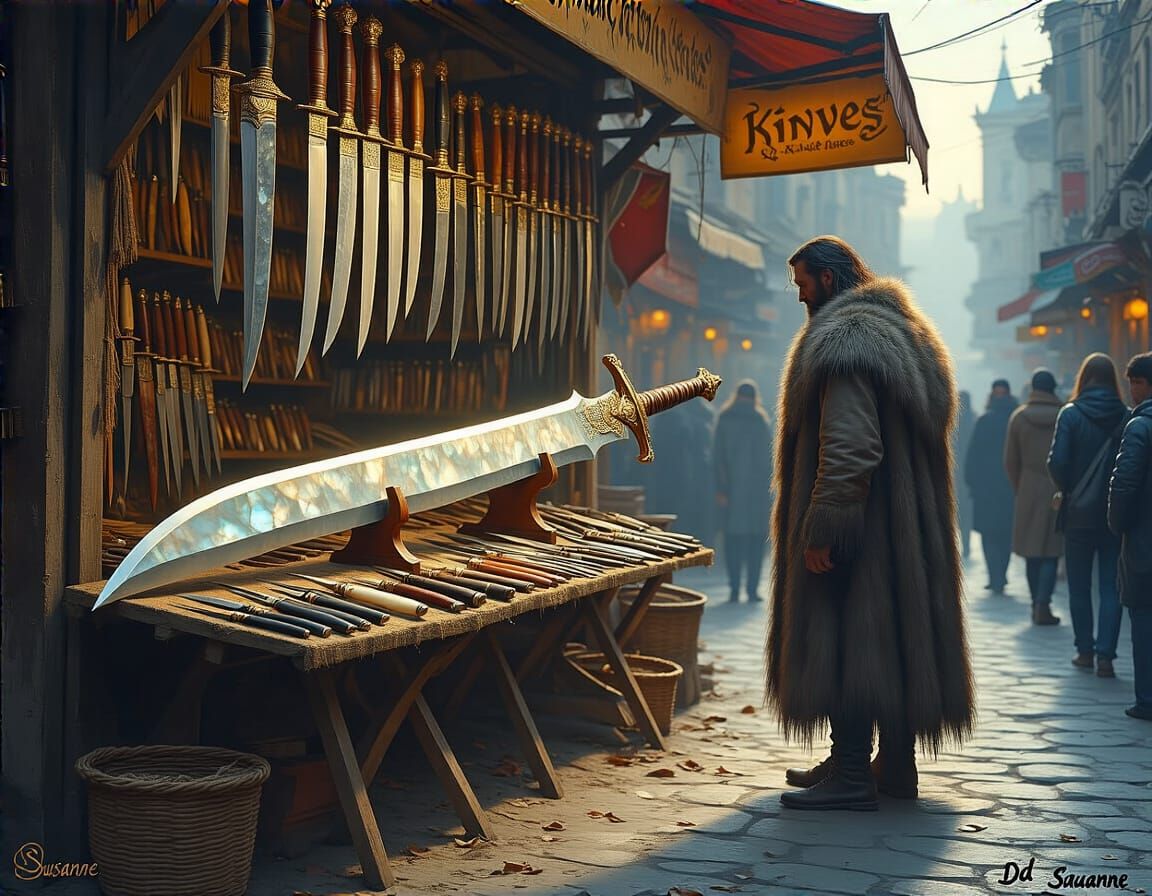 Street Stall Sword Display in Oil Painting Style
