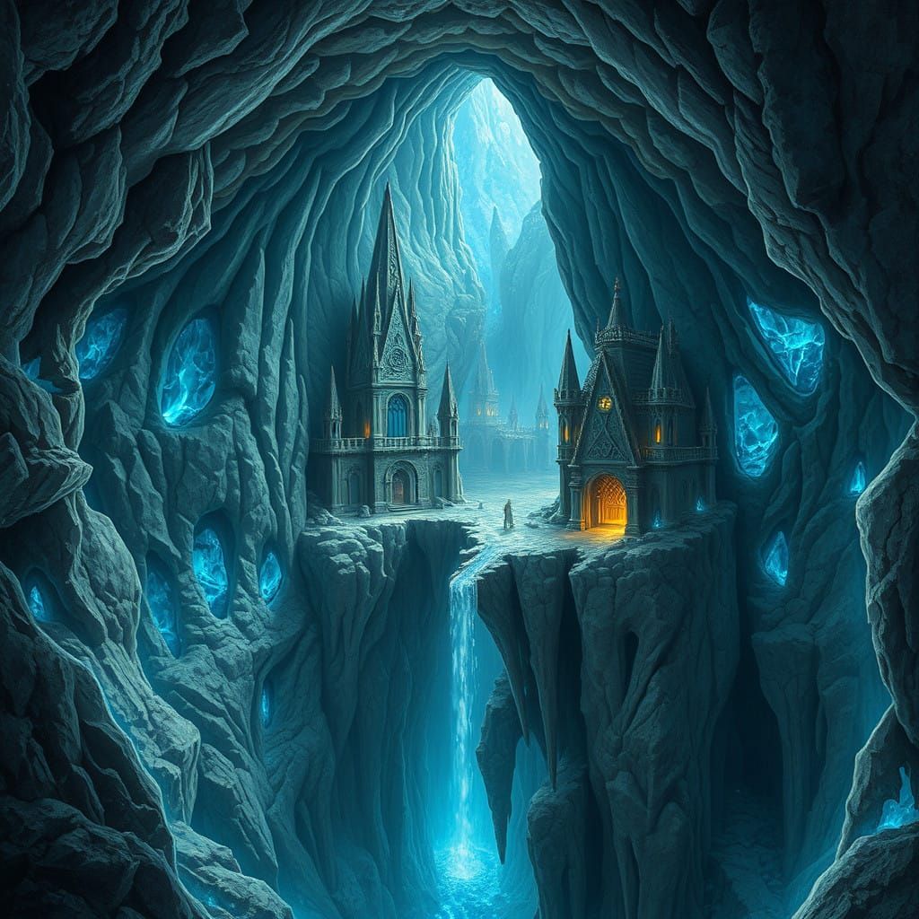 Ethereal Crystal Caverns with Dwarvish Architecture