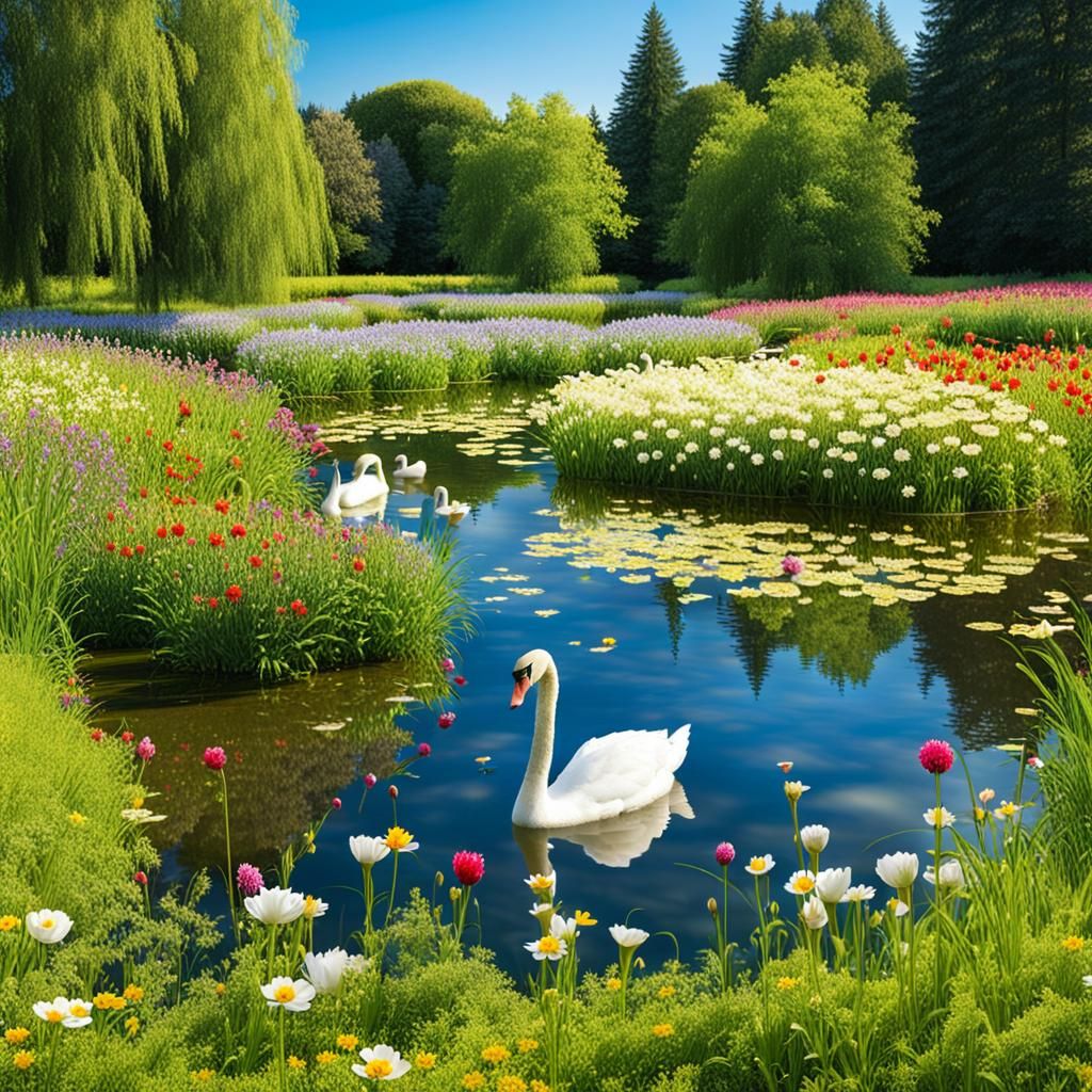 Swans in a Sunny Meadow