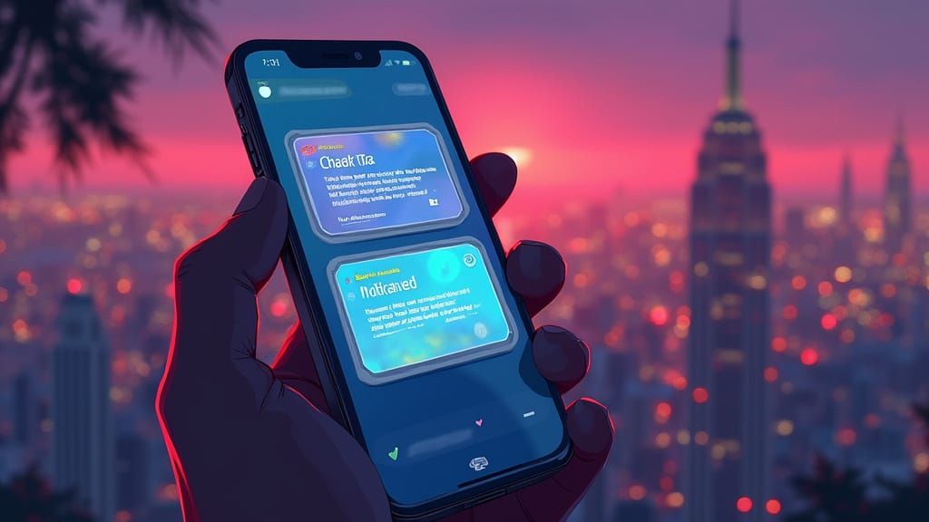 Smartphone Notifications Overlaying Dusk Cityscape