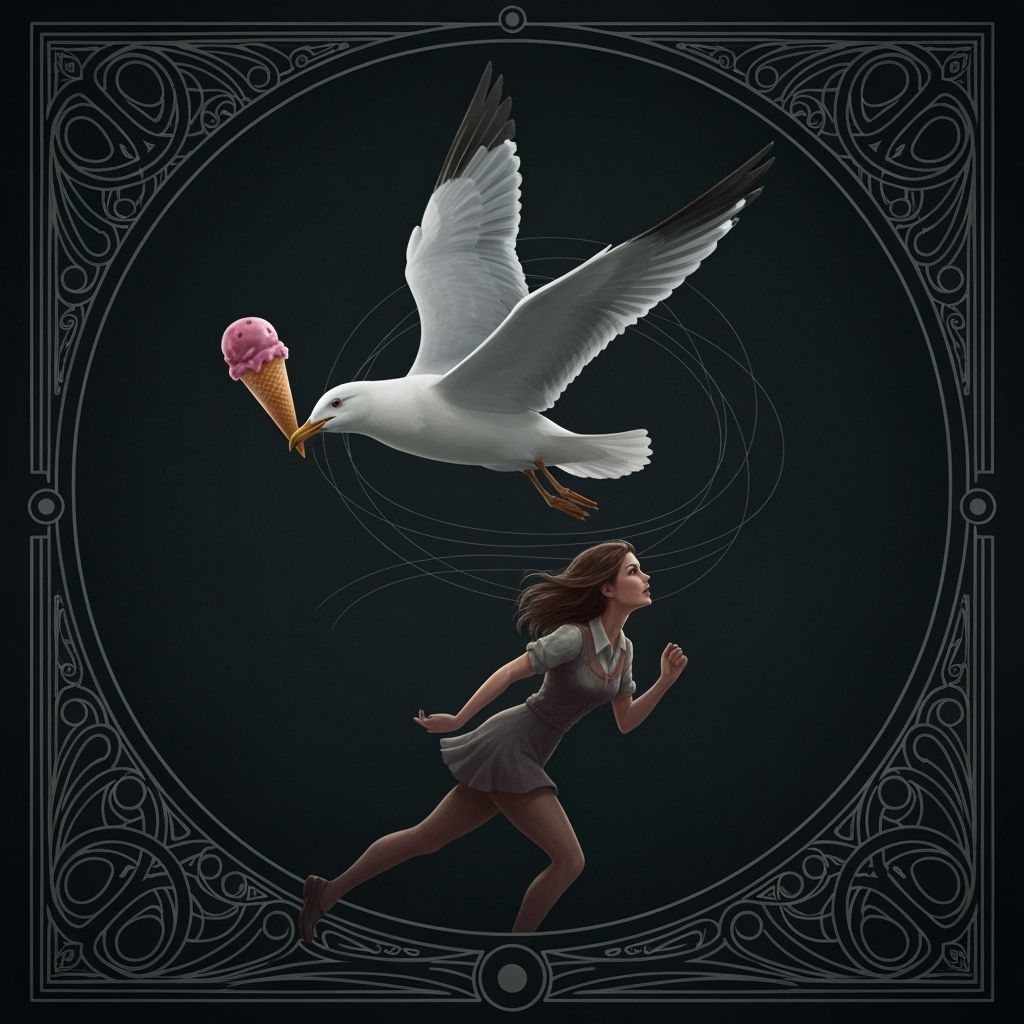 Seagull Steals Ice Cream from Woman, Dark Fantasy Art