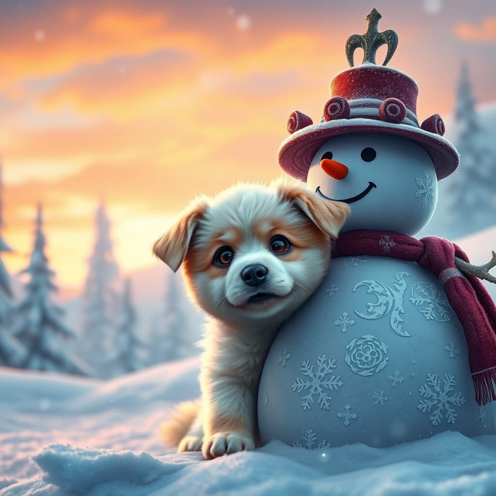 Whimsical Puppy Peeks from Behind a Majestic Snowman in Fant...