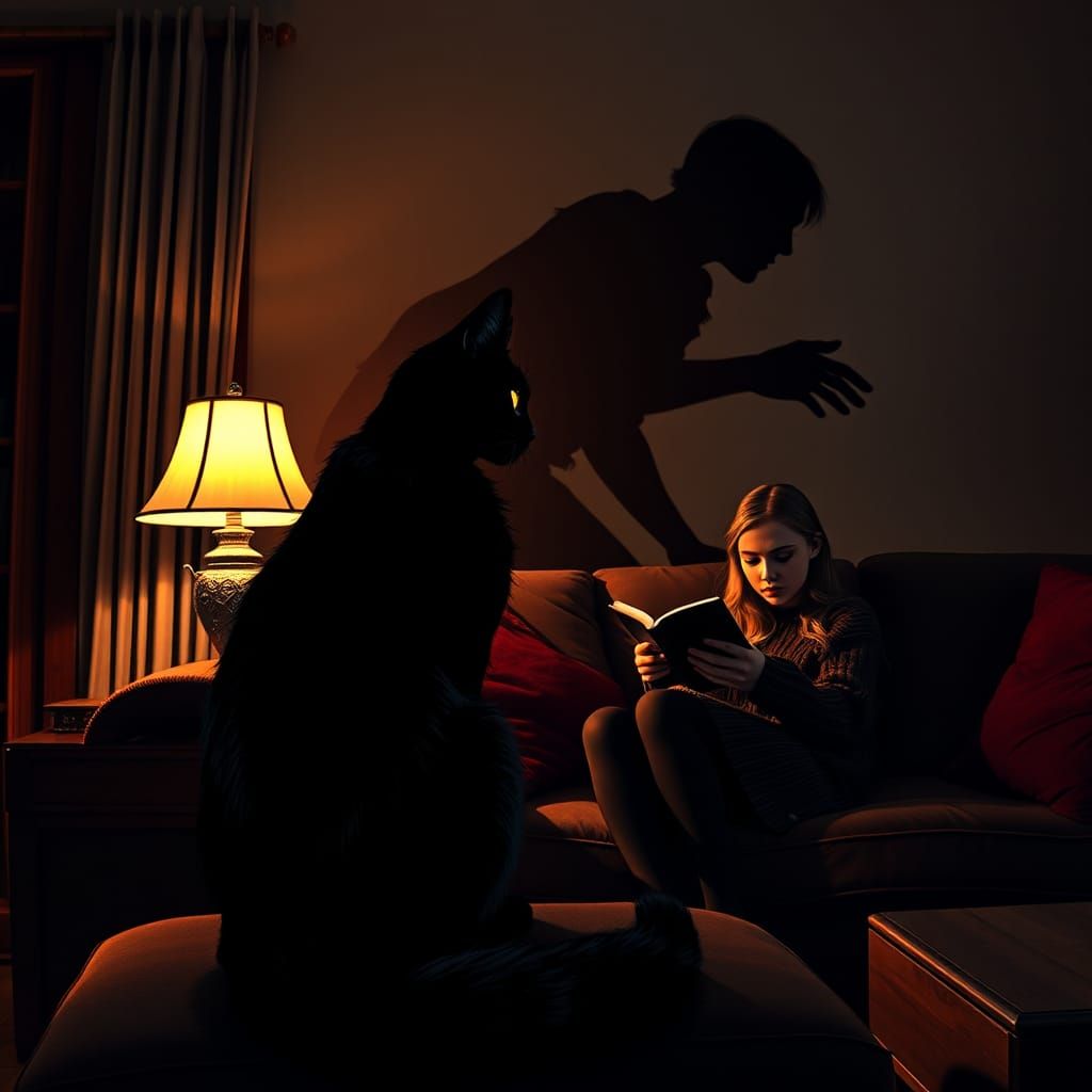 Ominous Cat Watch: Unseen Shadow in Living Room