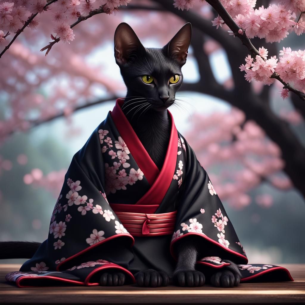 Oriental Cat in Kimono with Cherry Blossoms