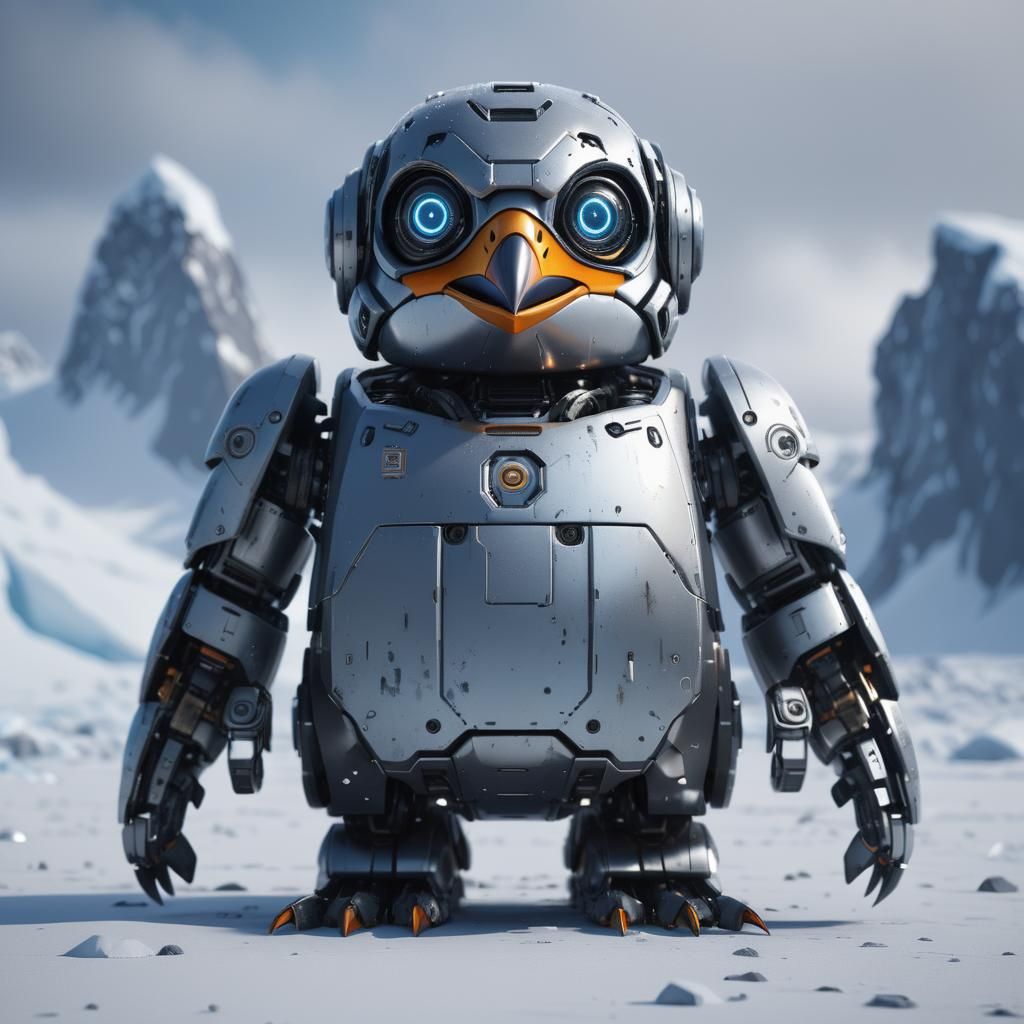 Futuristic Robot Penguin in Snowy Antarctica
