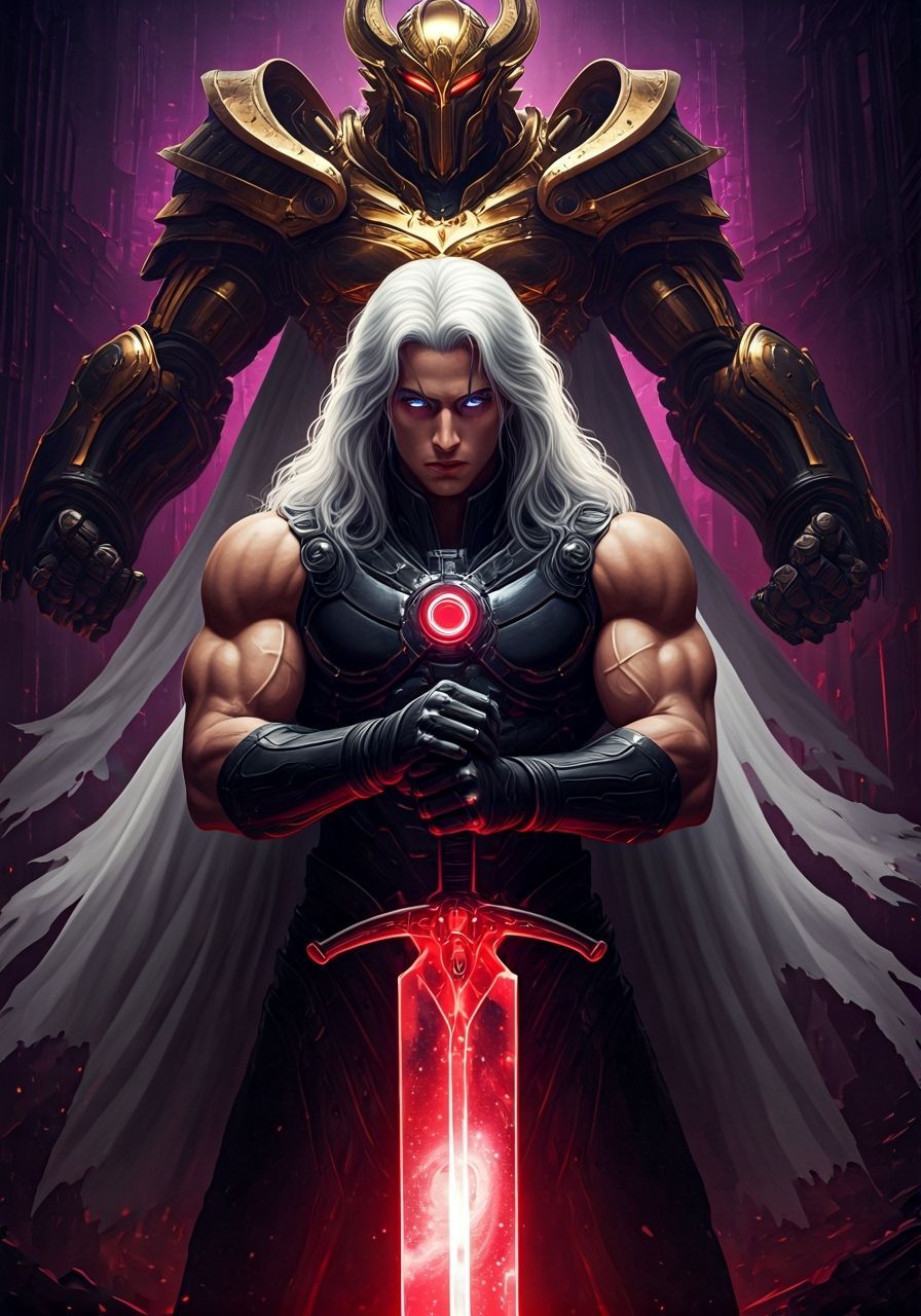 Dark Fantasy Warrior with Crimson Sword in Cyber City