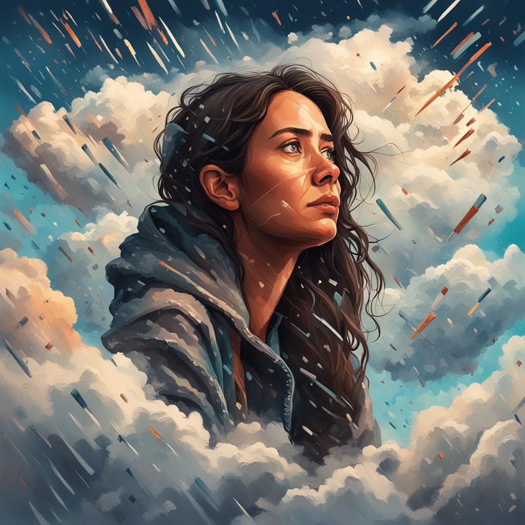 Worried Brunette Face Amidst Rainy Clouds