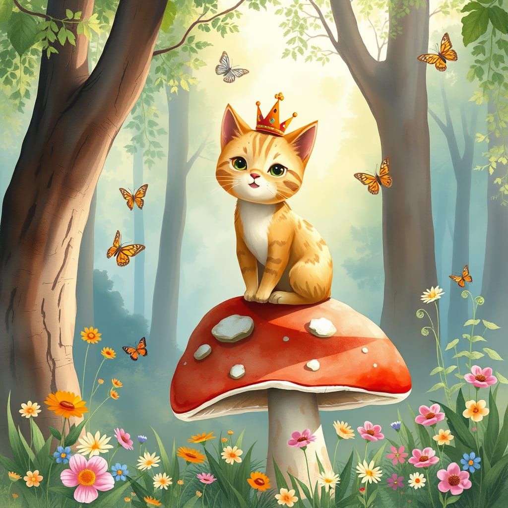 Whimsical Cat King in Watercolor Forest
