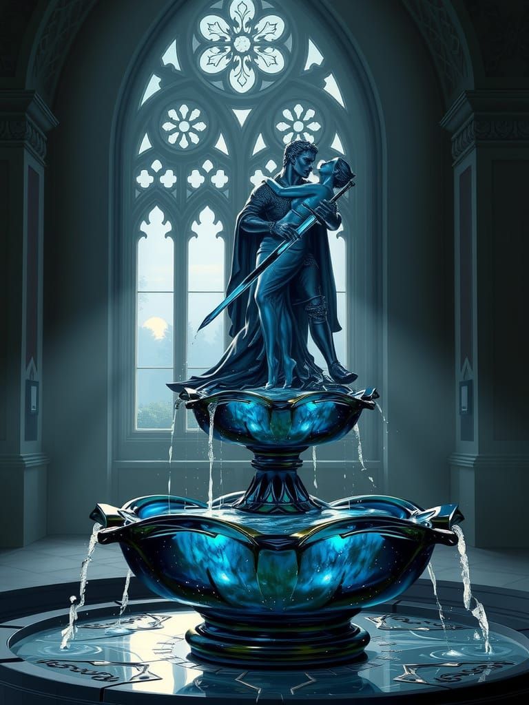 Glass Fountain Sculpture of Medieval Lovers in Gothic Alcove