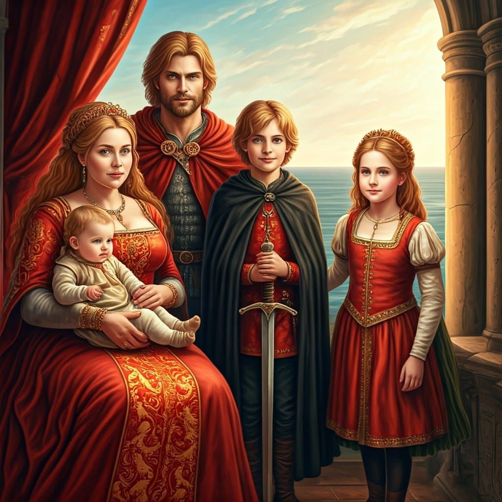 Medieval Family Portrait in Sunlit Landscape