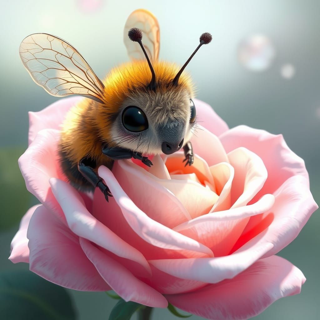 Adorable Bumblebee Sleeping in Rose, Pixar Style