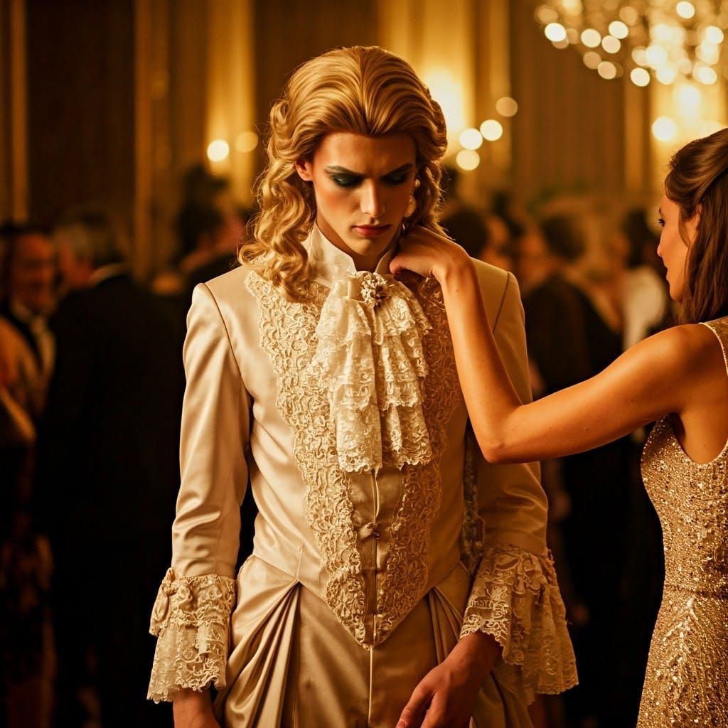 Elegant, Androgynous Youth in Victorian-Inspired Ball Gown, ...