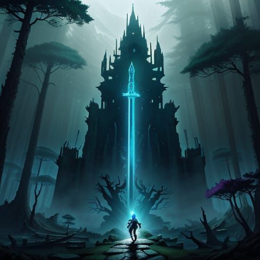 Warrior Stands Vigilant in a Dreamlike Ancient Forest