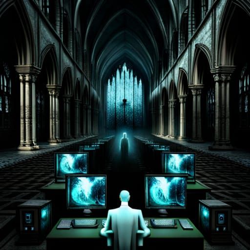 Horror Computer in Gothic Ruins, a Surreal Image