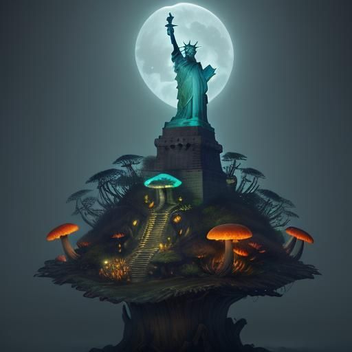 Mushroom Statue of Liberty in Dreamlike Fantasy Art