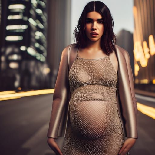 Futuristic Pregnant Woman in Cityscape Photography