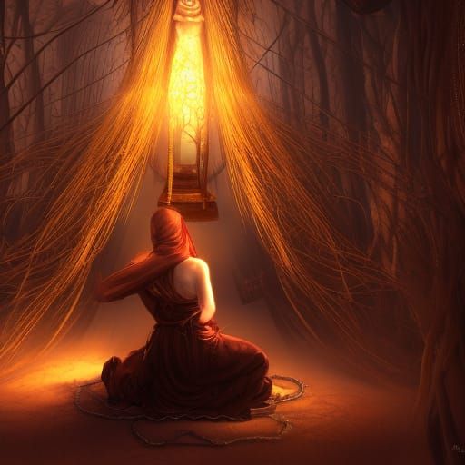 Redhead Monk Chained to Golden Tree: Dark Fantasy Art